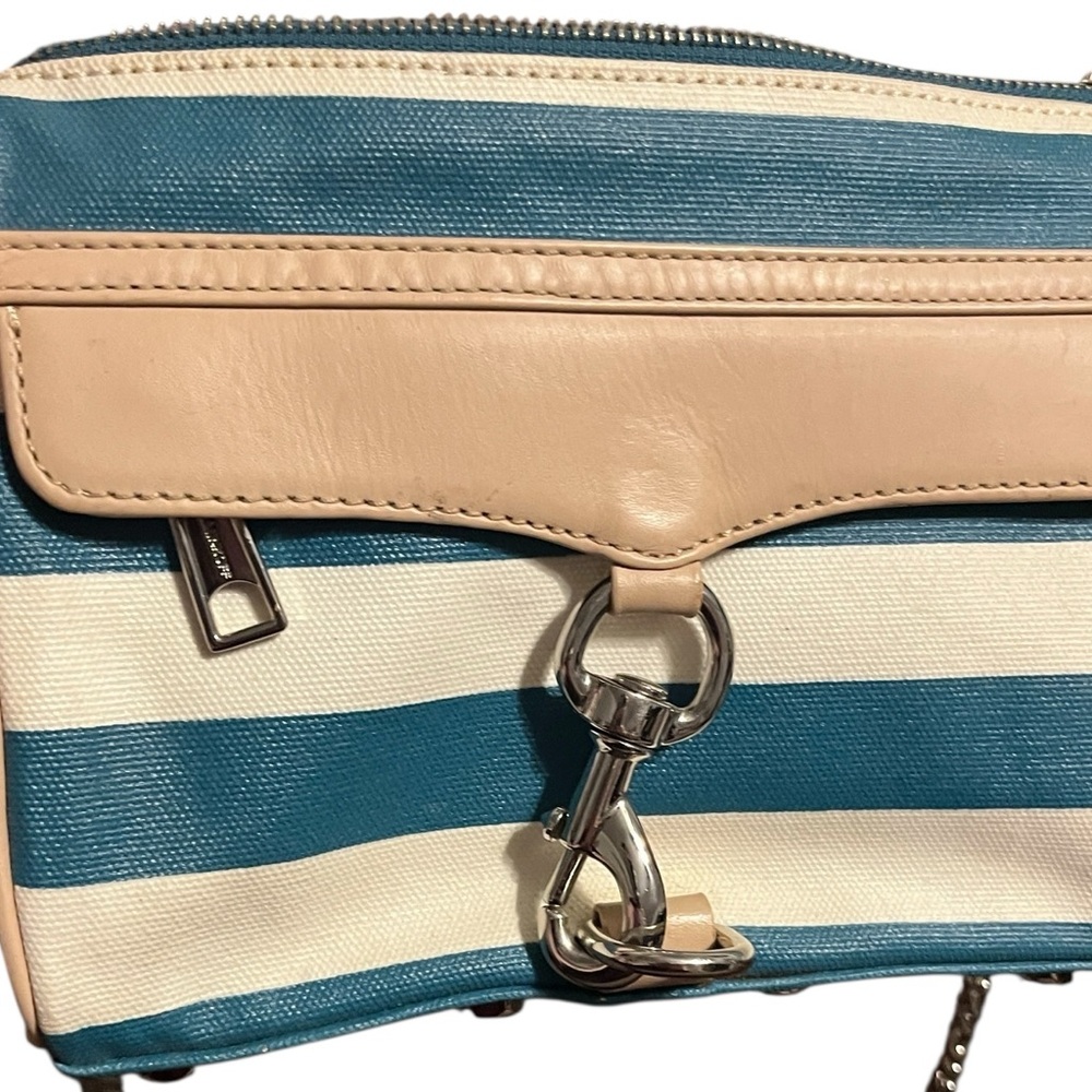 Rebecca Minkoff Mini MAC Teal&White Striped Coated Canvas /Leather Shoulder Bag - Picture 7 of 9